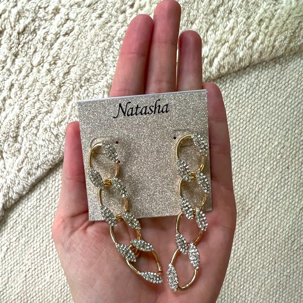 NWT Natasha CZ Chain Link Drop Earrings - Gold Brass Pavé Curb Cuban Statement